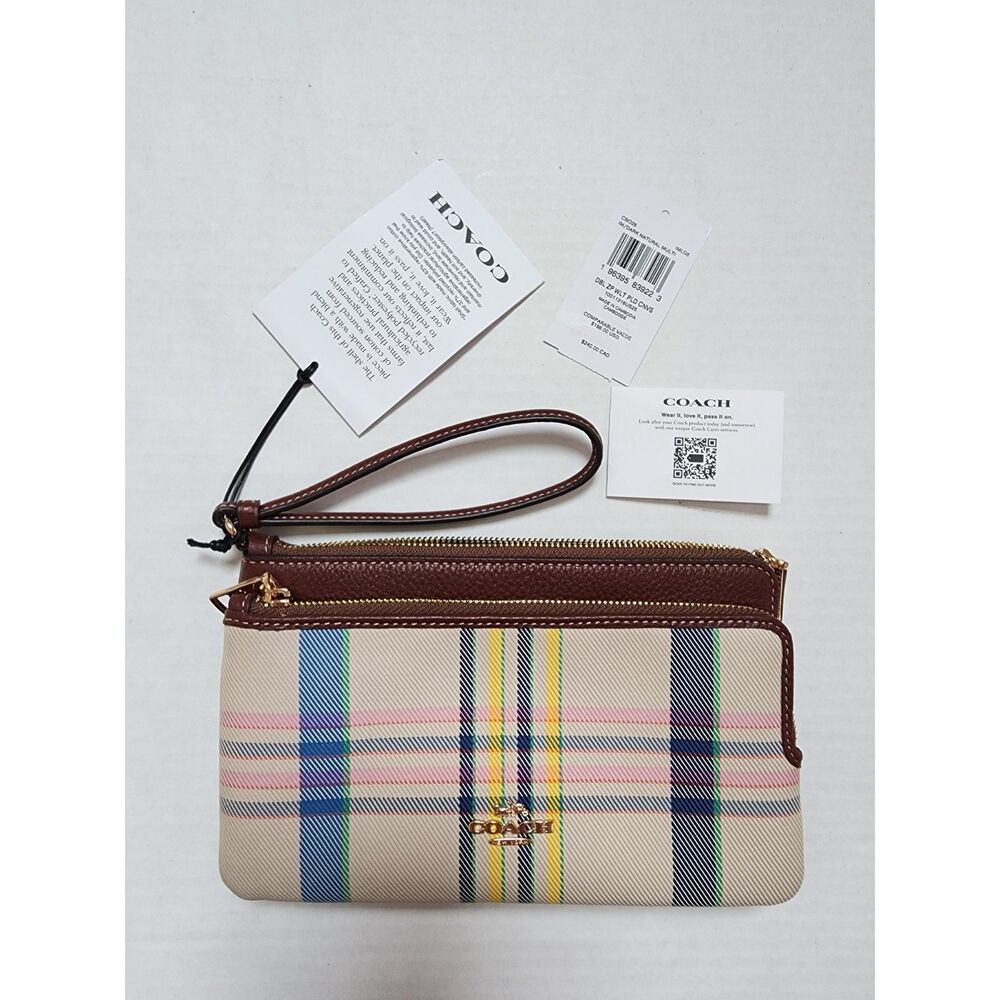NWT Coach CBO26 Double Zip Wallet in Plaid Canvas – Dark Natural Multi